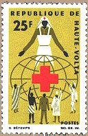 1966 Upper Volta stamp depicting nurse as symbol of Red Cross helping the world